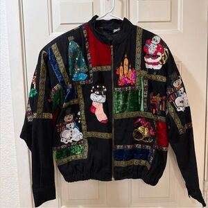 Modi Vintage 1980s Embellished Black Sequin Bomber Christmas Jacket Size Small
